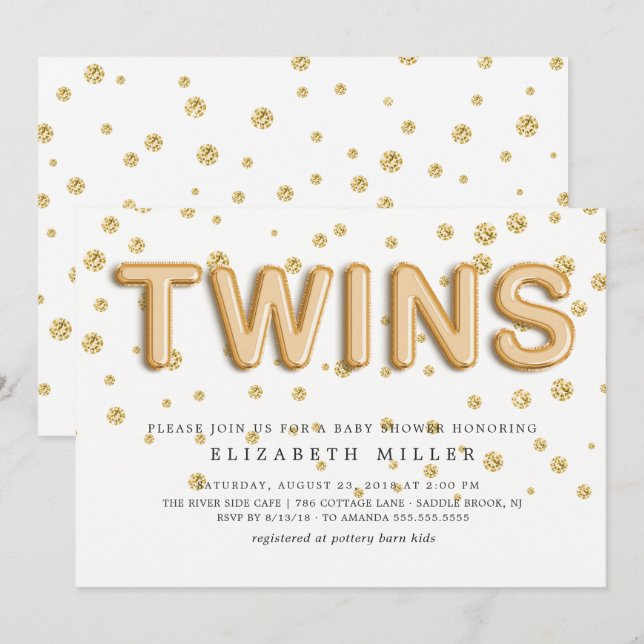 Gold Foil Balloons TWINS Kinderdusche Einladung (Vorne/Hinten)