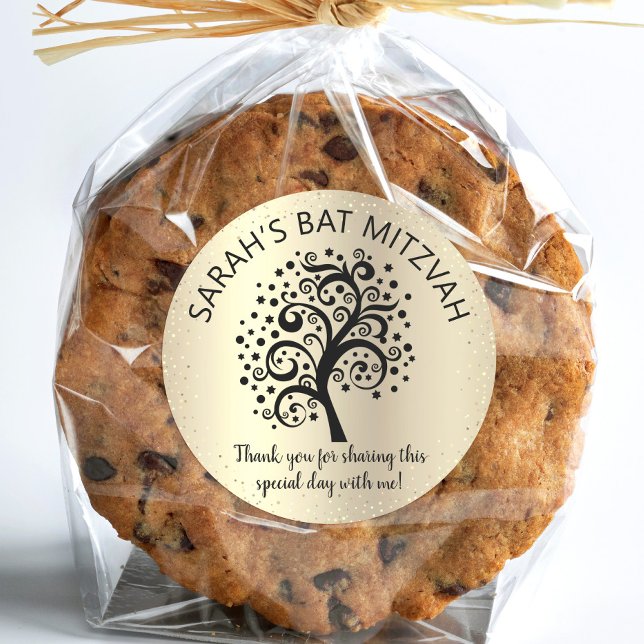 Gold Foil Bat Mitzvah Schwarzer Baum des Lebens Sk Runder Aufkleber (Von Creator hochgeladen)