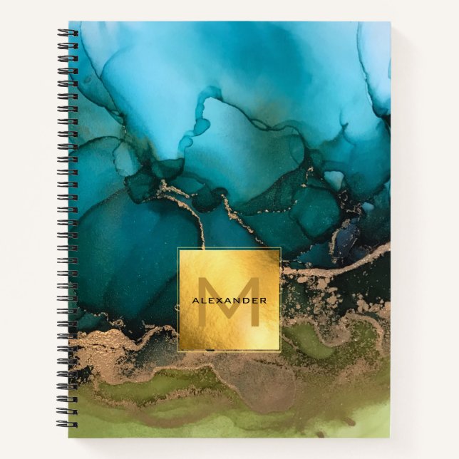 Gold Foil Black Aquamarin Monogram Notebook Notizbuch (Vorderseite)