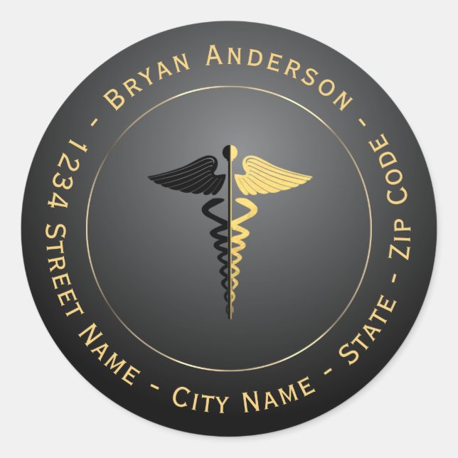 Gold Foil & Black Caduceus Rücksendeadresse Runder Aufkleber (Vorderseite)