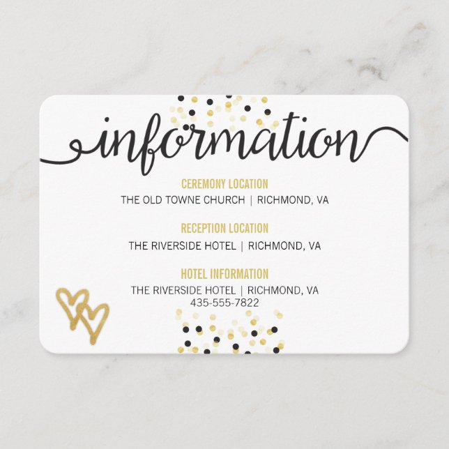 Gold Foil & Black Confetti Dots Hochzeitsinfo Card Begleitkarte (Vorderseite)