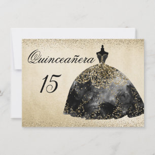 Gold Foil Black Dress Quinceanera Einladung