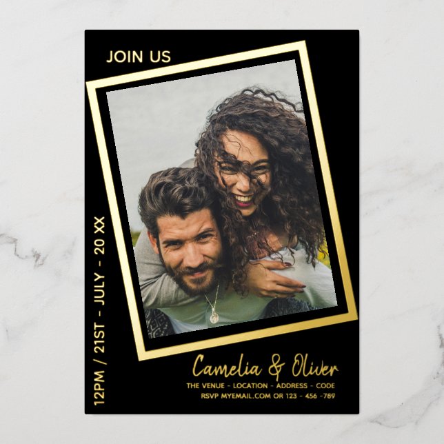 GOLD FOIL Black FOTO Wedding QR Code Dripping Foi Folieneinladung (Vorderseite)