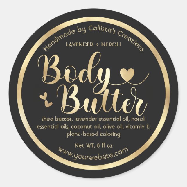 Gold Foil Black Hearts Border Shea Body Butter Runder Aufkleber (Vorderseite)