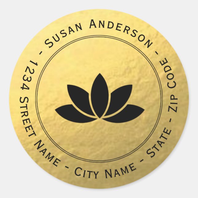Gold Foil Black Lotus Blume Rücksendeadresse Runder Aufkleber (Vorderseite)