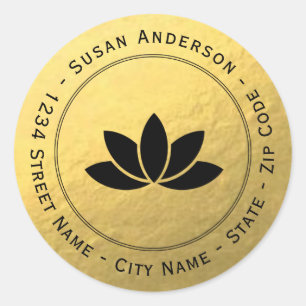 Gold Foil Black Lotus Blume Rücksendeadresse Runder Aufkleber