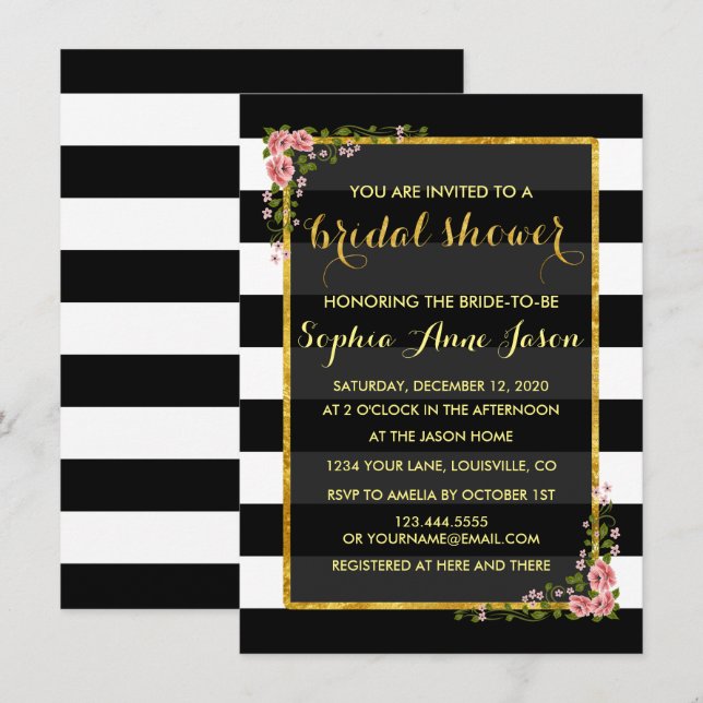 Gold Foil Black Stripes Brautparty laden Einladung (Vorne/Hinten)