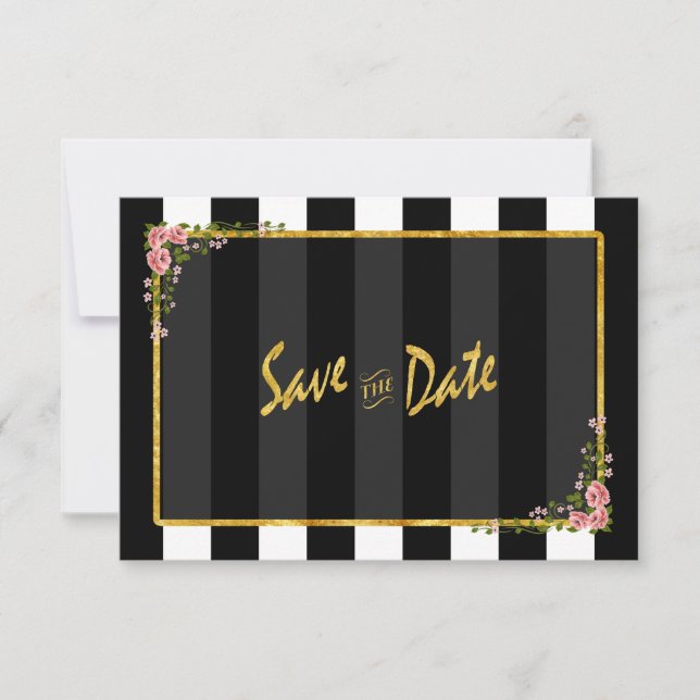 Gold Foil Black Stripes Wedding Save the Date Einladung (Vorderseite)