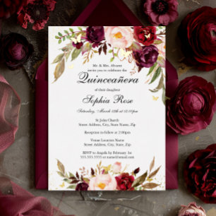 GOLD FOIL Blush Burgundy Floral Quinceanera Folieneinladung