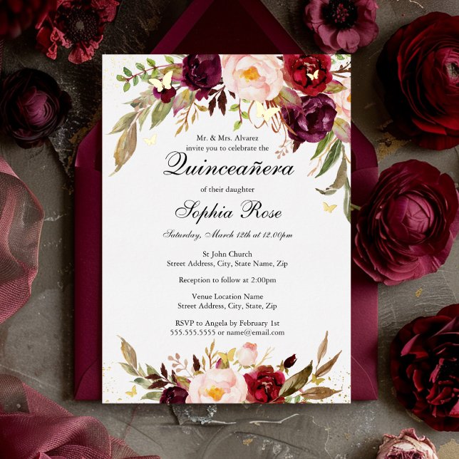 GOLD FOIL Blush Burgundy Floral Quinceanera Folieneinladung (Von Creator hochgeladen)