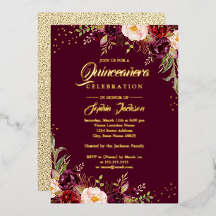 GOLD FOIL Burgundy Floral Quinceanera Folieneinladung