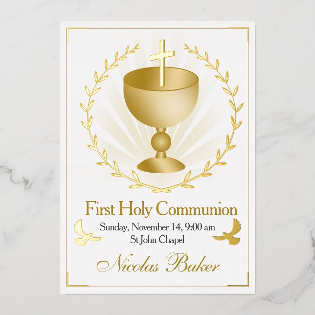 Gold Foil Chalice First Holy Communion Invitation Folieneinladung (Vorderseite)