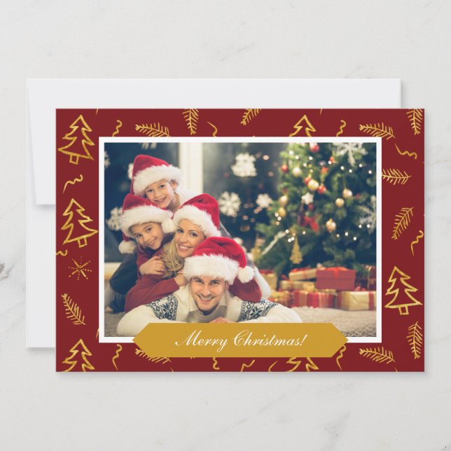 Gold Foil Christmas Tree Muster Red Holiday Foto Karte (Vorderseite)