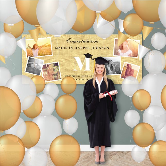 Gold Foil Classic Monogramm 6 Foto Chic Grad Party Banner (Gold Faux Foil Name Monogram 6 Photo Chic Graduation Party Banner @ www.zazzle.com/color_therapy)