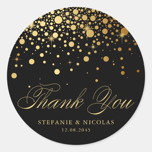 Gold Foil Confetti Black Wedding Vielen Dank Runder Aufkleber (Vorderseite)