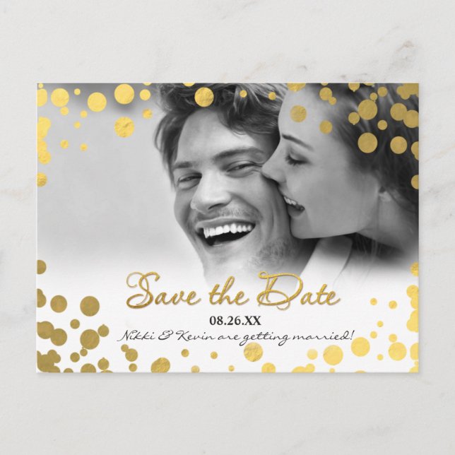 Gold Foil Confetti Dots Foto Rett Datum Postkarte (Vorderseite)