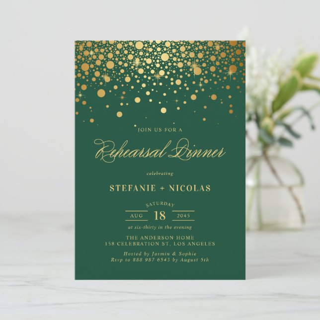 Gold Foil Confetti Dots Green Probe Dinner Einladung (Stehend Vorderseite)