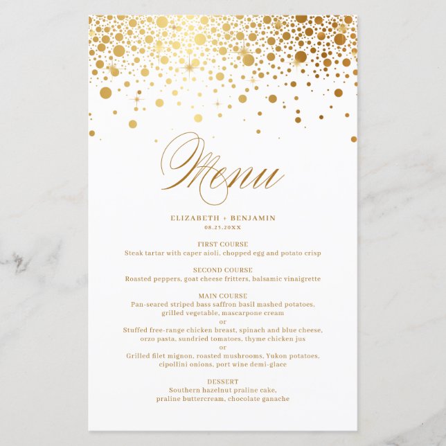 Gold Foil Confetti Dots Wedding Menu Card (Vorderseite)