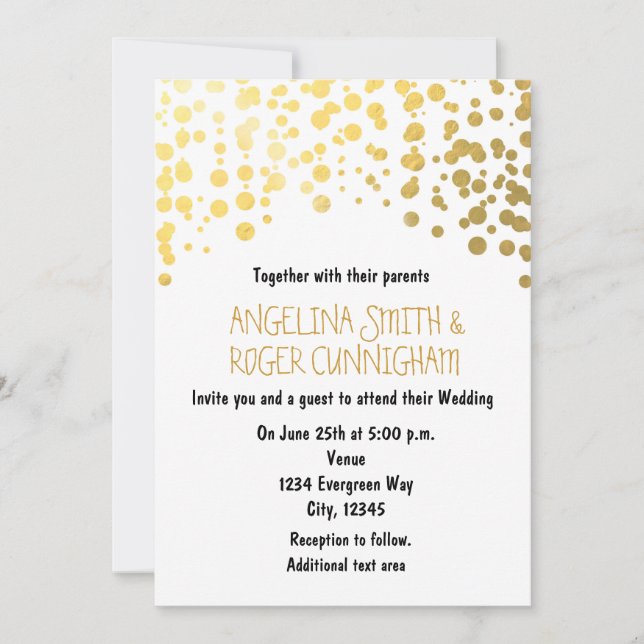 Gold Foil Confetti Dots White Wedding Einladung (Vorderseite)
