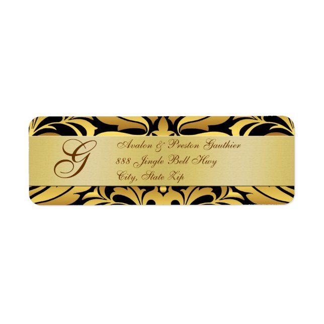 Gold Foil Damask Monogram Schwarze Labels für neue (Vorne)