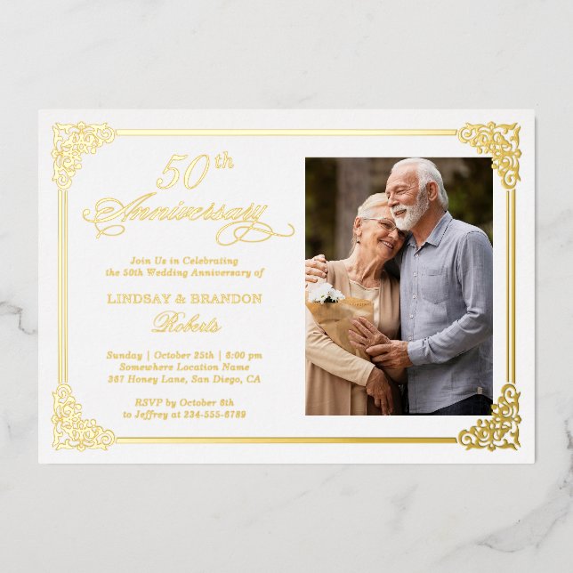 Gold Foil Damask Rahmen Hochzeitsjubiläum Foto Folieneinladung (Vorderseite)