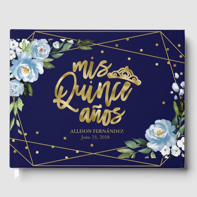 Gold Foil Dark Blue Floral Quinceanera Party Gästebuch (Vorderseite)