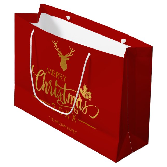Gold Foil Deer Frohe Weihnachten Personalisiert Re Große Geschenktüte (Vorderseite Schrägansicht)