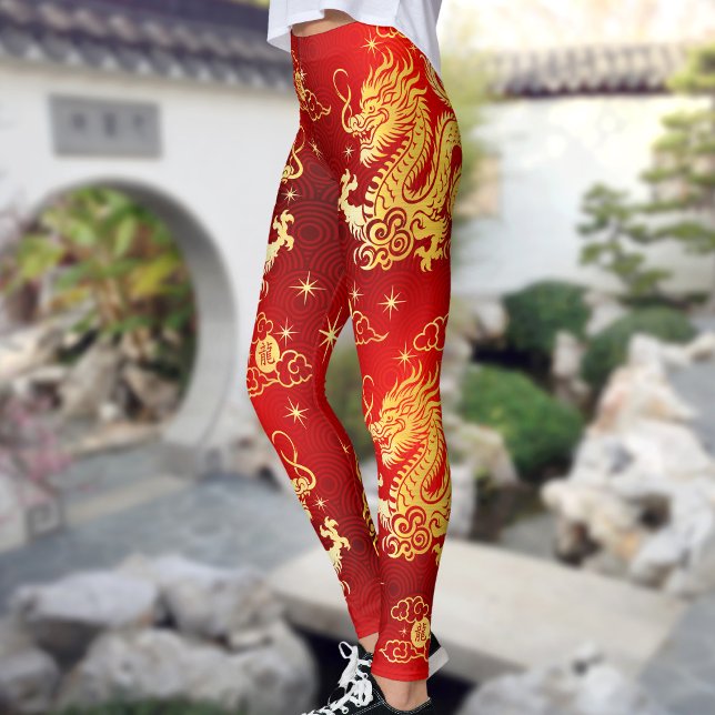 Gold Foil Dragon Chinese Lunar New Year Modern Red Leggings (LINK FOR 2025 YEAR OF THE SNAKE: https://www.zazzle.com/collections/119316095761799932)
