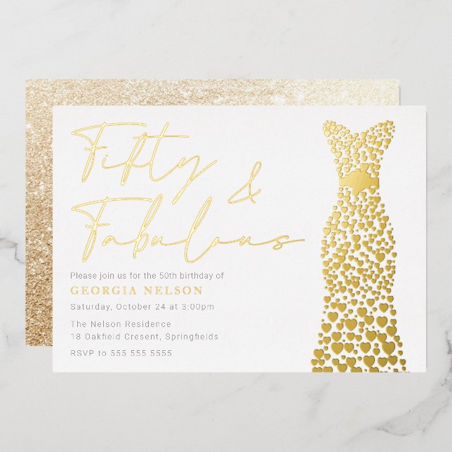 Gold Foil Dress Fifty & Fab 50th Birthday Party Folieneinladung (Vorderseite/Rückseite)