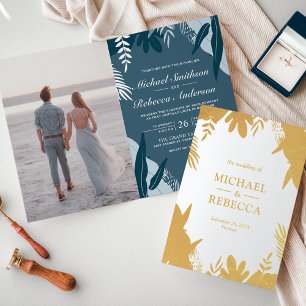 Gold Foil Dusty Blue Blätter Hochzeit Einladung