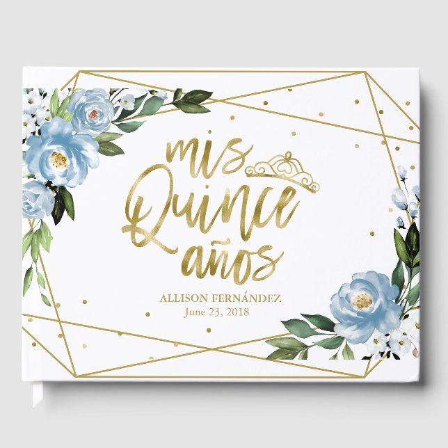 Gold Foil Dusty Blue Floral Quinceanera Party Gästebuch (Vorderseite)
