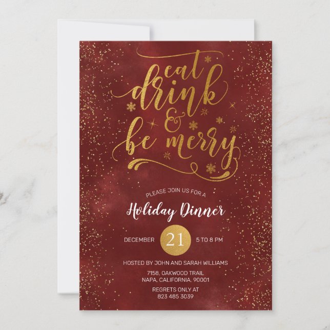 Gold Foil Eat Drink & Be Merry Red Christmas Party Einladung (Vorderseite)