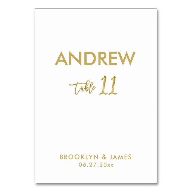 Gold Foil Effect Wedding Table Cards Tabelle 11 Tischnummer (Vorderseite)
