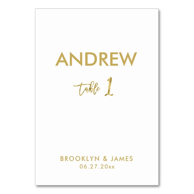 Gold Foil Effect Wedding Table Cards Tabelle 1 Tischnummer (Vorderseite)