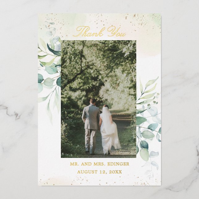 Gold Foil Eukalyptus Foto Hochzeit Dankeschön-Kart Folieneinladung (Vorderseite)