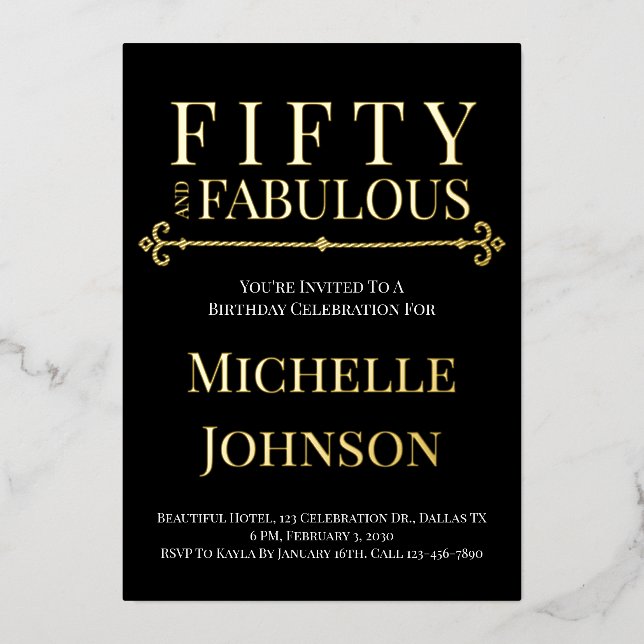 Gold Foil Fifty and Fabulous 50th Birthday Party Folieneinladung (Vorderseite)