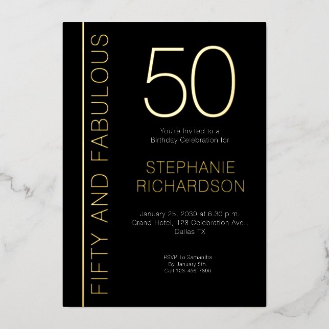 Gold Foil Fifty and Fabulous 50th Birthday Party Folieneinladung (Vorderseite)