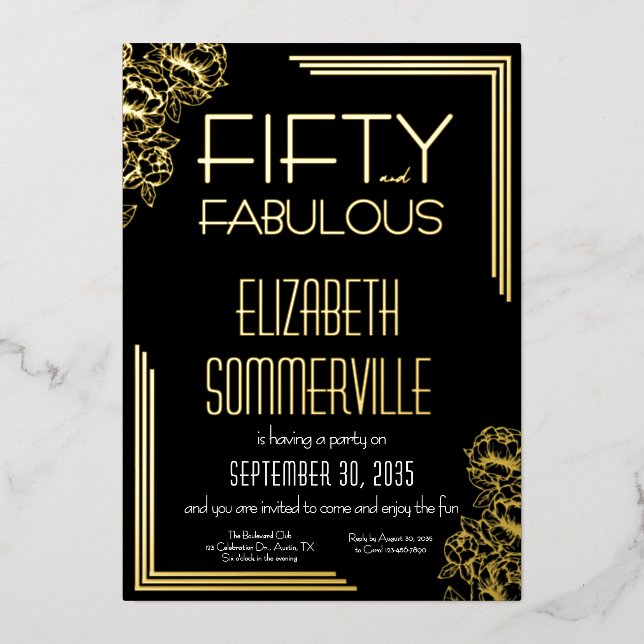 Gold Foil Fifty and Fabulous 50th Birthday Party Folieneinladung (Vorderseite)