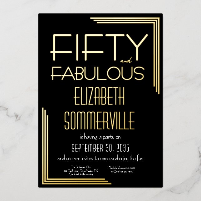 Gold Foil Fifty and Fabulous 50th Birthday Party Folieneinladung (Vorderseite)