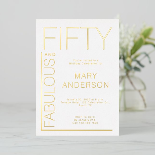 Gold Foil Fifty and Fabulous 50th Birthday Party Folieneinladung (Stehend vorne)