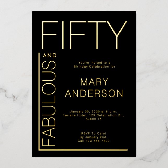 Gold Foil Fifty and Fabulous 50th Birthday Party Folieneinladung (Vorderseite)