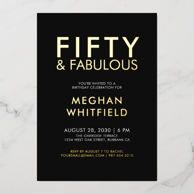 Gold Foil Fifty and Fabulous 50th Birthday Party Folieneinladung (Vorderseite)