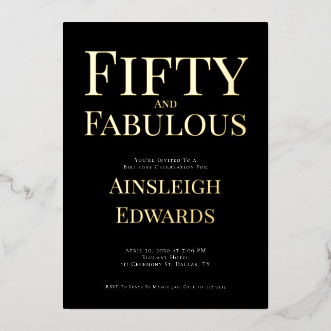 Gold Foil Fifty and Fabulous 50th Birthday Party Folieneinladung (Vorderseite)