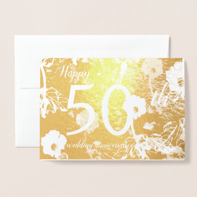 Gold Foil Floral 50. Wedding Anniversary Card Folienkarte (Vorderseite mit Umschlag)