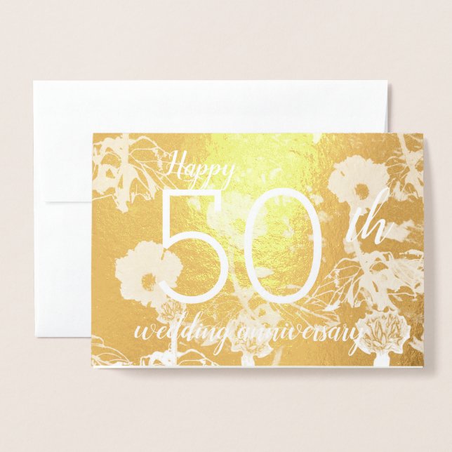 Gold Foil Floral 50. Wedding Anniversary Card Folienkarte (Vorderseite mit Umschlag)