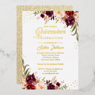 GOLD FOIL Floral Burgundy Gold Quinceanera Folieneinladung