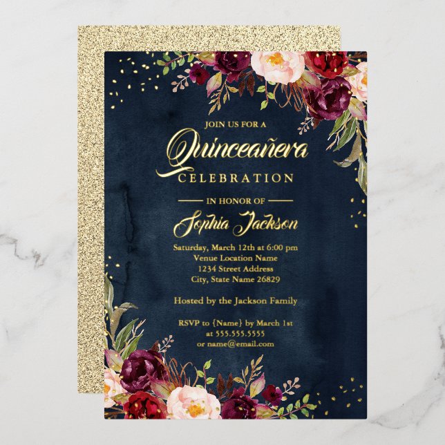 GOLD FOIL Floral Burgundy Navy Gold Quinceanera Folieneinladung (Vorderseite/Rückseite)