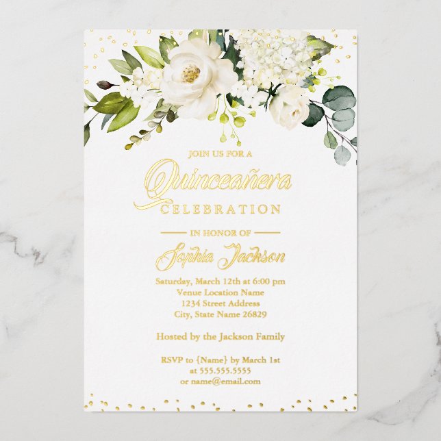 GOLD FOIL Floral Gold Quinceanera Folieneinladung (Vorderseite)