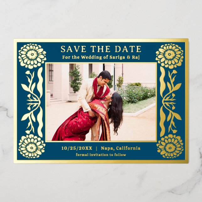 Gold Foil Floral Marigold Indianer Save the Date Folieneinladung (Vorderseite)