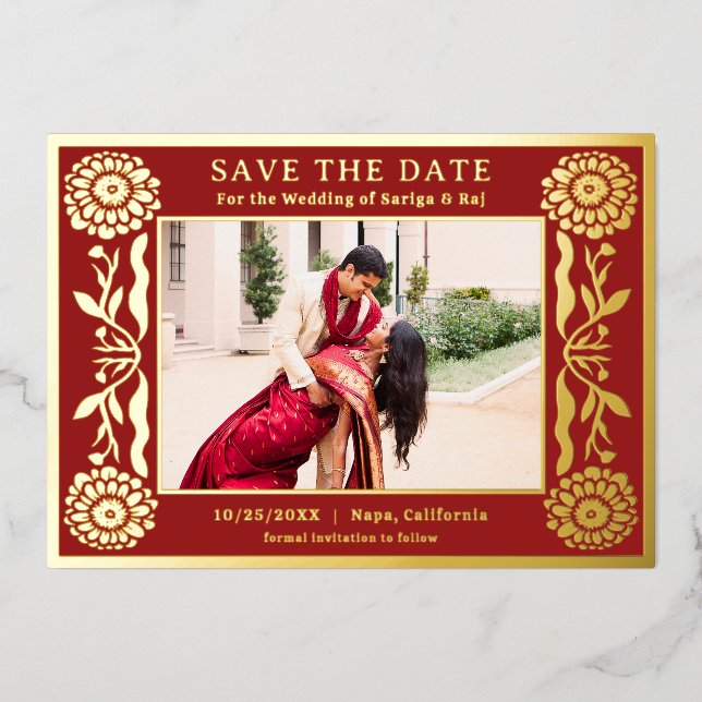 Gold Foil Floral Marigold Indianer Save the Date Folieneinladung (Vorderseite)